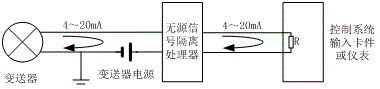 無(wú)源隔離器在二線制變送器信號(hào)輸入中的接線圖