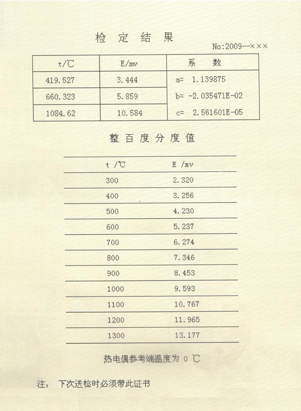 標(biāo)準(zhǔn)鉑銠10-鉑熱電偶檢定證書背面格式