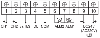 單臺(tái)雙路閃光報(bào)警儀接線圖