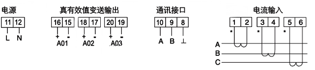 YR-BS4I3三相電流變送器接線圖