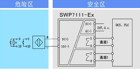 一進二出開關量輸入隔離安全柵SWP7111-EX接線圖