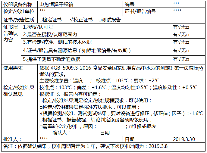 電熱恒溫干燥箱校準(zhǔn)確認(rèn)記錄