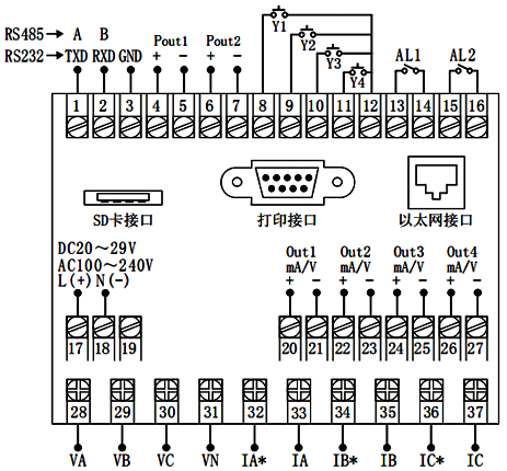 120×120mm外形尺寸電能質量分析儀接線圖