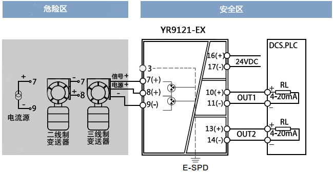 一進(jìn)二出檢測(cè)端隔離安全柵接線圖