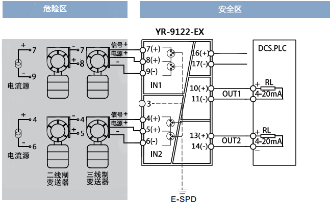 二進(jìn)二出檢測(cè)端隔離式安全柵接線圖